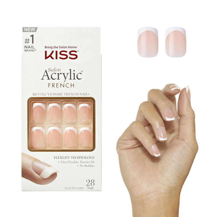 KISS Salon Acrylic Press On Nails, Nail glue included, 'Bonjour', Nude/ White, Short Size, Squoval Shape, Includes 28 Nails, 2g Glue, 1 Manicure Stic