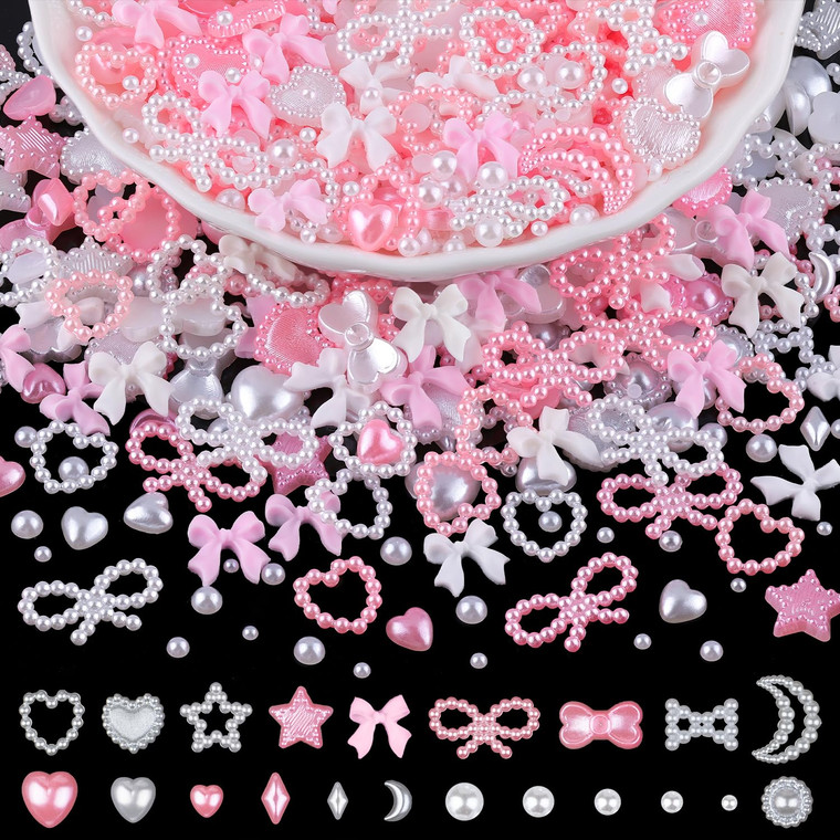 1200Pcs 3D Multi Shapes Nail Charms and Flatback Pearls, White&Pink Mix Styles Heart Star Bow Sunflower Embellishments for Nail Art, Craft and Decora