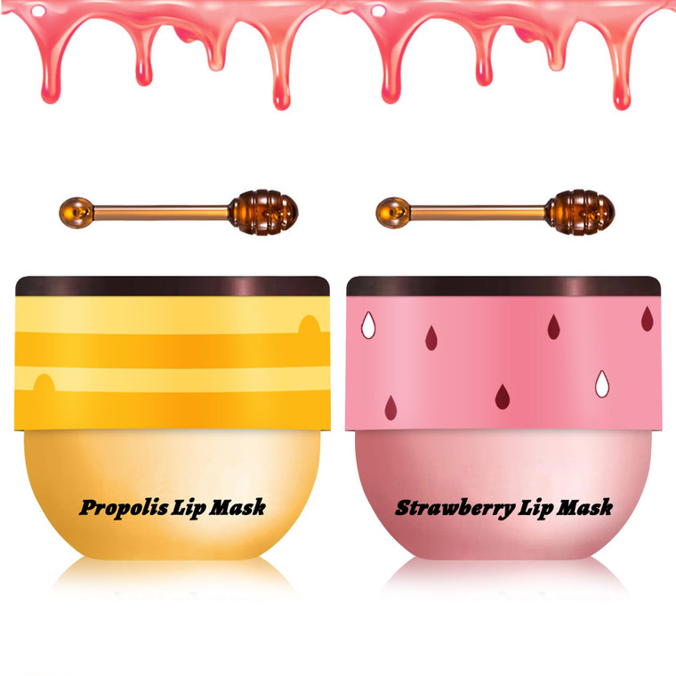 2PCS Bee Lip Balm Honey Pot Sleeping Mask - Silky Hydrating Overnight Lip Care Products - Strawberry & Honey