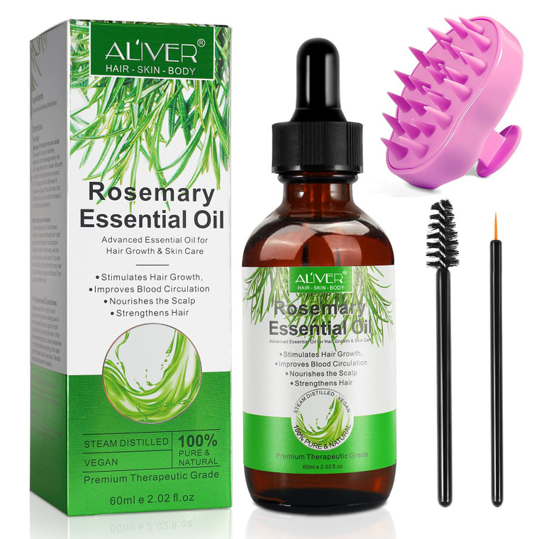 Organic Rosemary Oil (60ml) with Scalp Massager - Hair Growth, Eyelash, Eyebrow & Body Oil for Nourishing and Improved Circulation