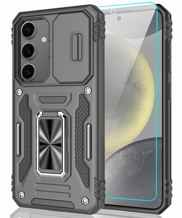 LEXNEC for Samsung Galaxy S24 Case with Sliding Camera Cover & Tempered Glass Screen Protector + Rotatable Ring Holder Kickstand Shockproof Slim Phon