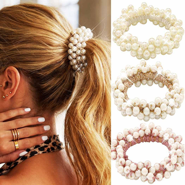 Unicra Pearl Hair Ties Beaded Hair Scrunchies Ponytail Holder Hair Accessories for Women Pack of 3