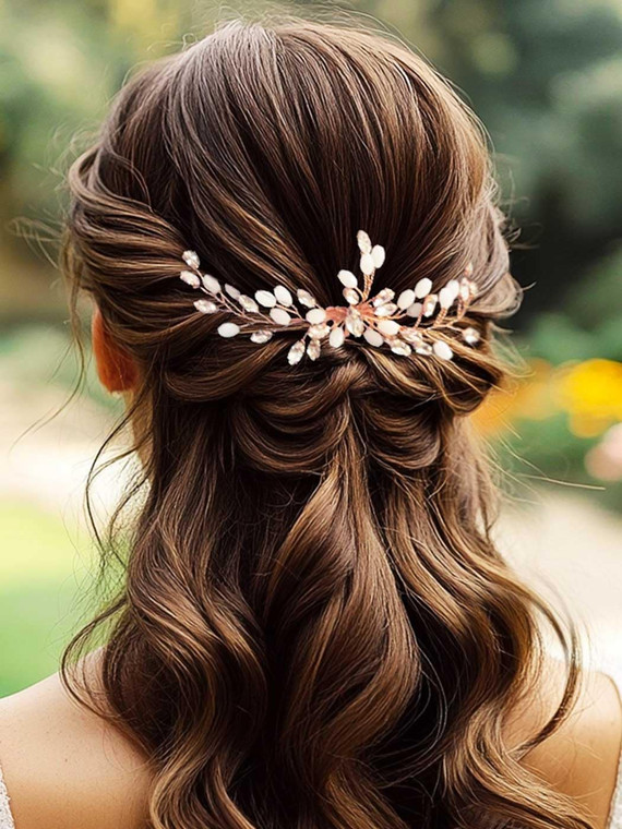 GORAIS Rose Gold Hair Accessories Opal Bridal Hair Comb Rhinestone Prom Hair Piece for Brides