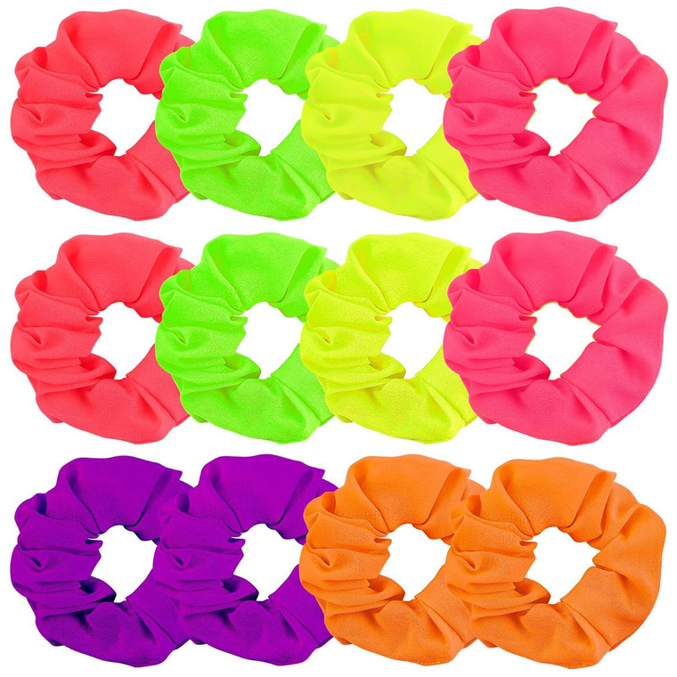AUEAR, 12 Pack Neon Scrunchies, Pink Green Orange Purple red Yellow Elastic Bright Color Solid Hair Ties Ponytail Bands Scrunchy for Women Girls Acce