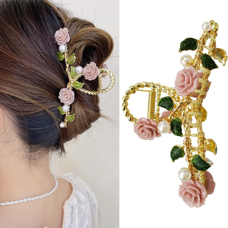XIELIME Hair Clip, Pearl Flower No Slip Claw Clip Hair Clamp Grips for Women Girls Thin Hair and Thick Hair, Pink Rose Hair Clips Barrettes, One Size