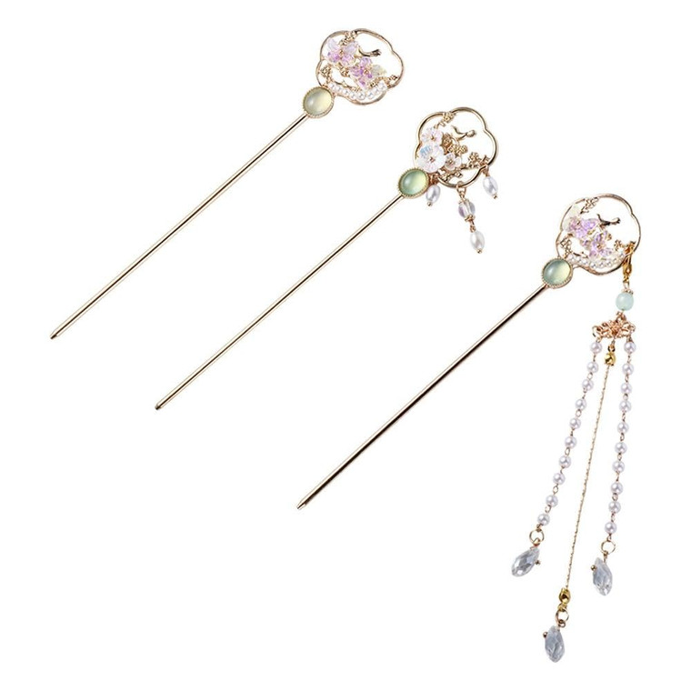 Leadigol 3 Pcs Rhinestone Pearl Flower Hair Sticks, Vintage Hair Sticks Tassel Flower Hair Chopsticks, Women's Hair Styling Accessories