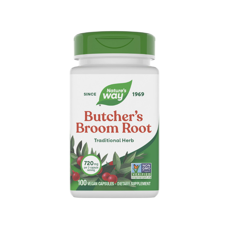 Nature's Way Butchers Broom, Traditional Herb, 720 mg per 2-Capsule Serving, Non-GMO Project Verified, 100 Vegan Capsules (Packaging May Vary)