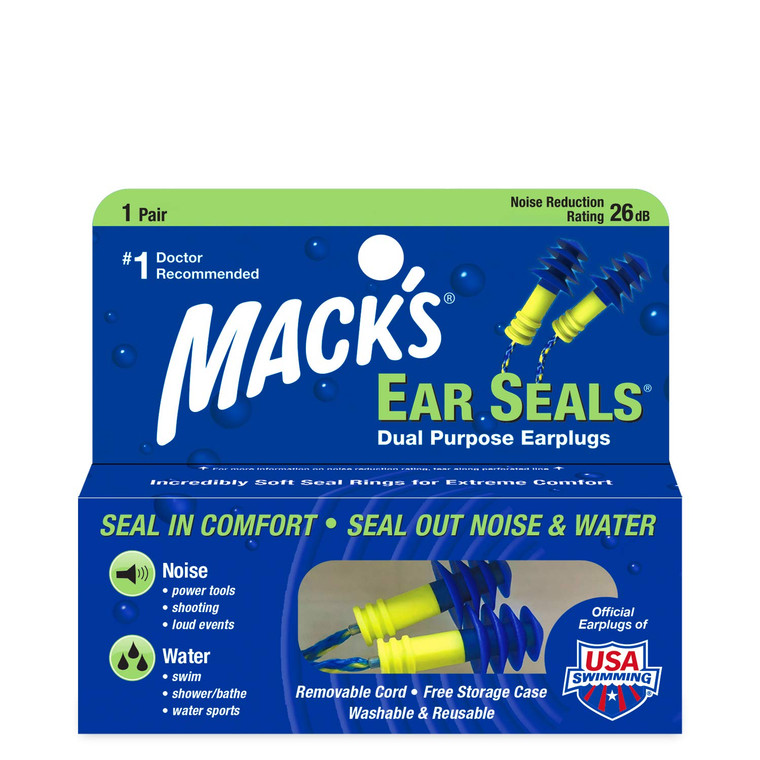 Macks Ear Seals Earplugs, 1 Pair with Detachable Cord - 26db High NRR - Dual Purpose Comfortable Ear Plugs for Noise Reduction and Blocking Water
