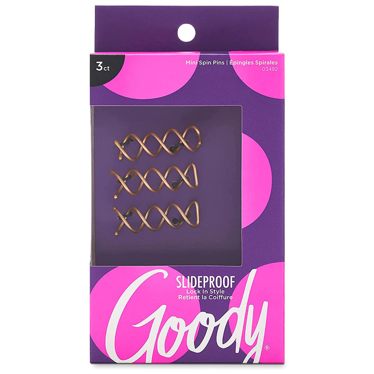 Goody SlideProof Mini Spin Pins - 3 Ct, Assorted Colors, Spiral Hair Pins, Quick & Easy Buns, All-Day Twist Pins, Corkscrew Bobby Pins, Pain-Free Hai