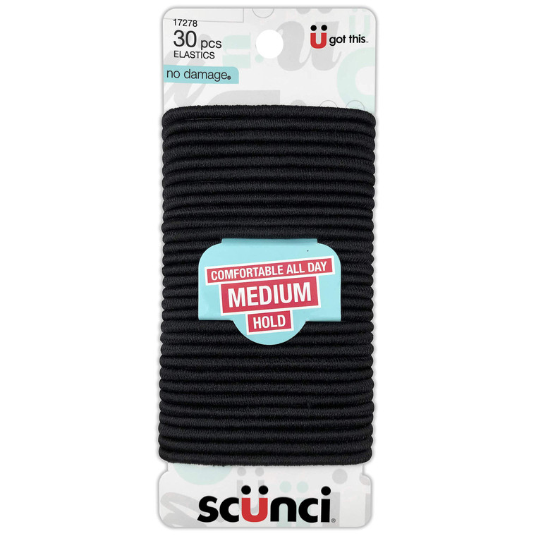 Scunci No-Damage All Day Medium Hold Hair Elastics, Black, 30 Count