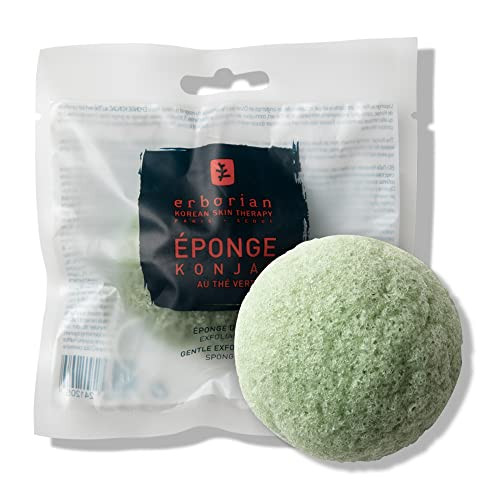 Erborian Green Tea Konjac Facial Sponge - Natural Great for Sensitive, Oily and Acne Prone Skin - Korean Beauty Bath Scrub for Deep Cleansing and Exf