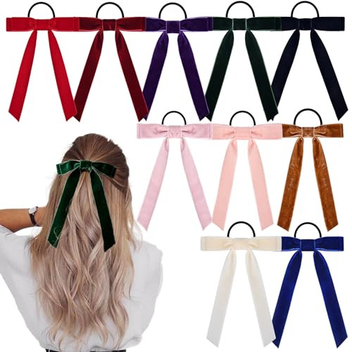 10Pcs Bow Hair Tie Velvet Elastics Hair Scrunchie Bobbles Hair Bands Scrunchy Hair Rope Long Hair Bow Ponytail Holder Accessories for Women Girls Sma