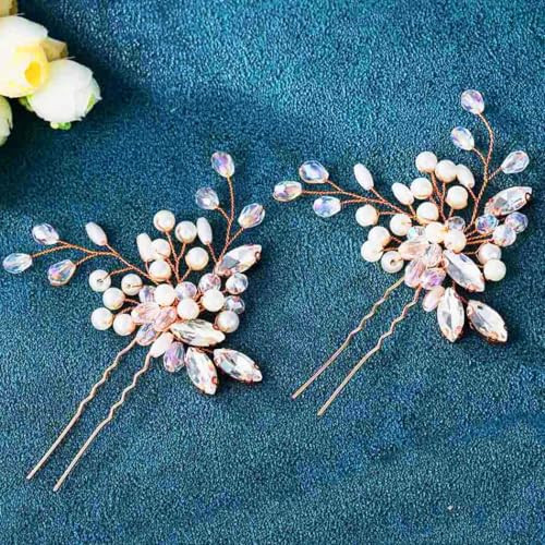 Asooll Pearl Hair Accessories Rhinestone Hair Pins Bridal Wedding Hair Clips for Women(Pack of 2)(Rose gold)