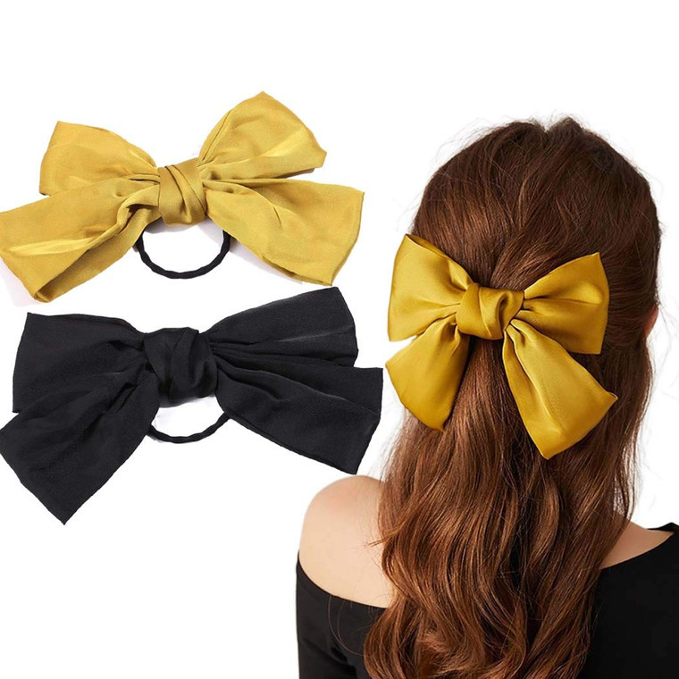 Mosako Soft Hair Bow Hair Scrunchies Elastic Bowknot Ponytail Holder Hair Accessories Sets for Women and Girls 2Pcs (Black and Yellow)