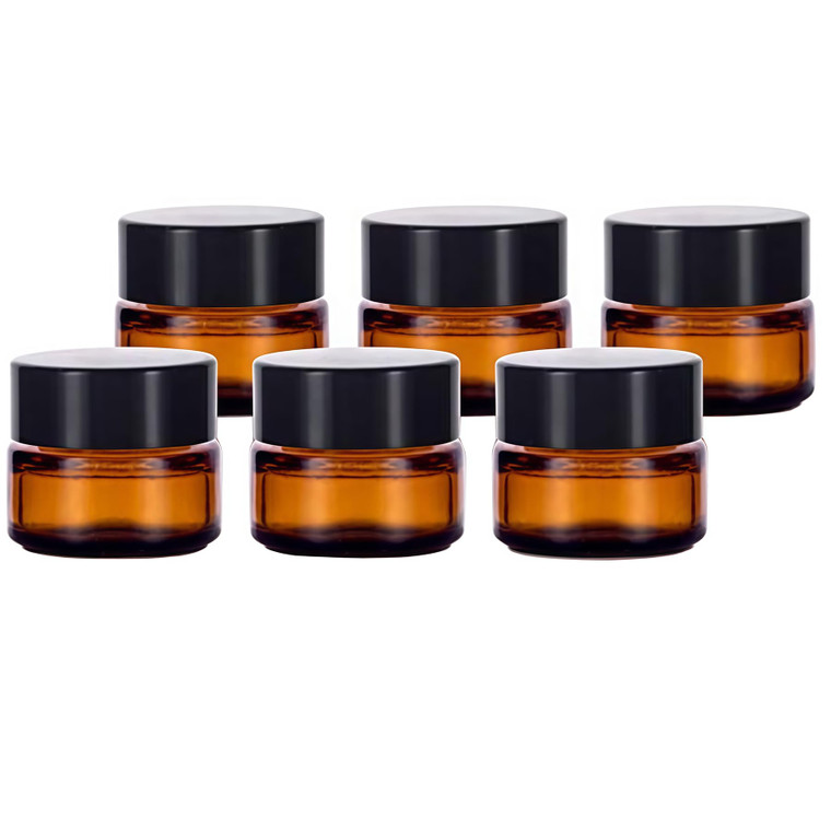 6 Pack Amber Glass 5 ml 1/6 oz Small Thick Wall Round Jars Vials Pot Cosmetic Bottle Face Cream Containers With Black Lids For Lotion Make Up Nail Sa