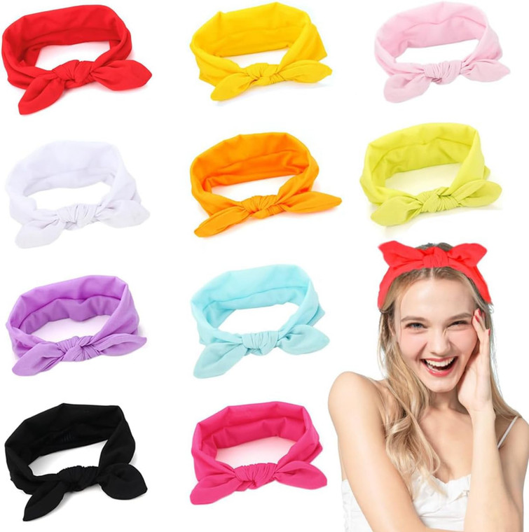 QUMENEY 10 Pack Bow Headbands for Women,Elastic Knotted Headbands, Cute Cotton Headwraps Rabbit Ears Yoga Hairband Twisted Elastic Hair Accessories,