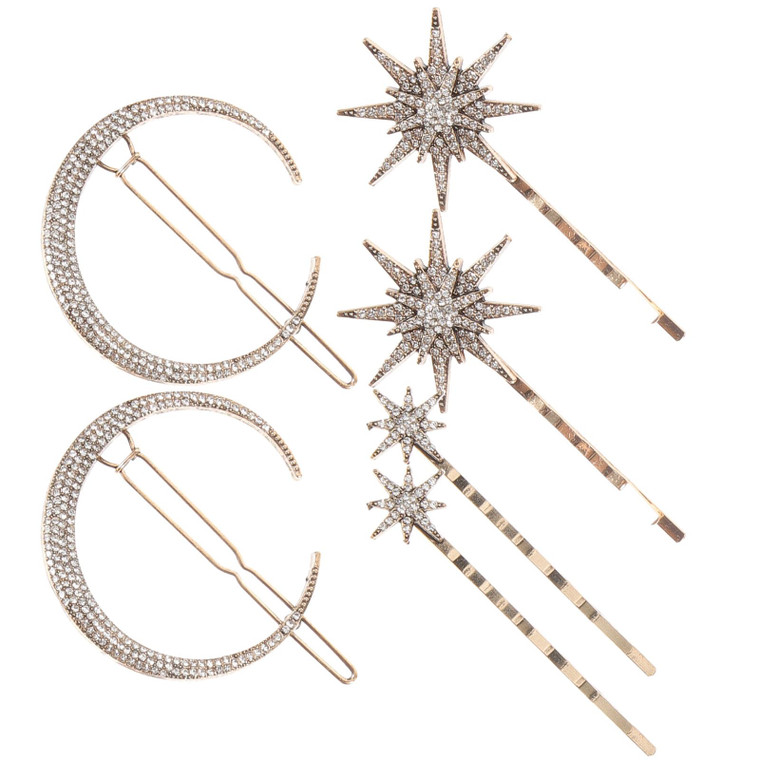 Beaupretty Stars and Moon Hair Accessories: 6 Pieces Rhinestone Metal Alloy Hair Clips, Hairpins for Women Girls (Gold)