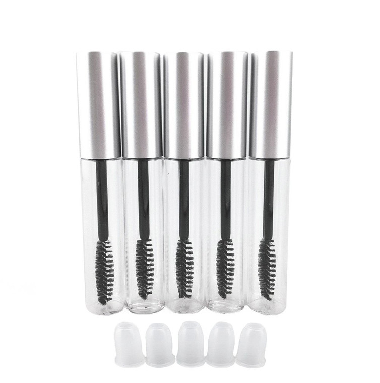 yueton 5pcs 10ml Portable Empty Eyelashes Mascara Vials Bottle Tube Container with Brush for Travel and Home (Silver Cap)