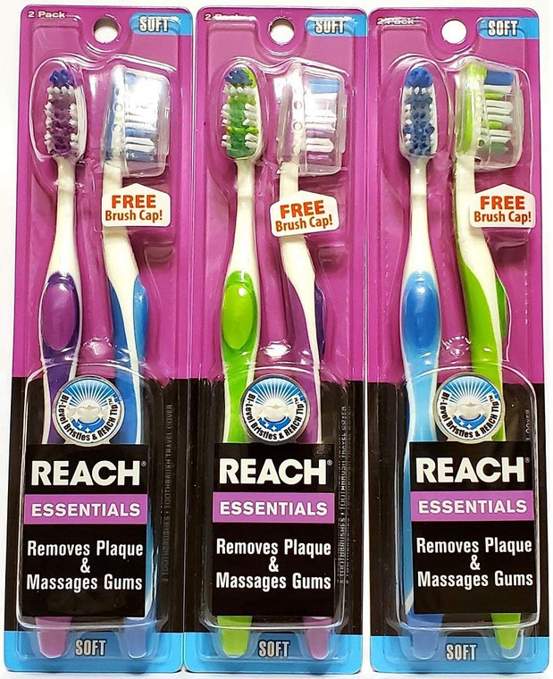 Reach Essentials Soft Toothbrush, Assorted Colors, 2 Count (Pack of 3) Total 6 Toothbrushes
