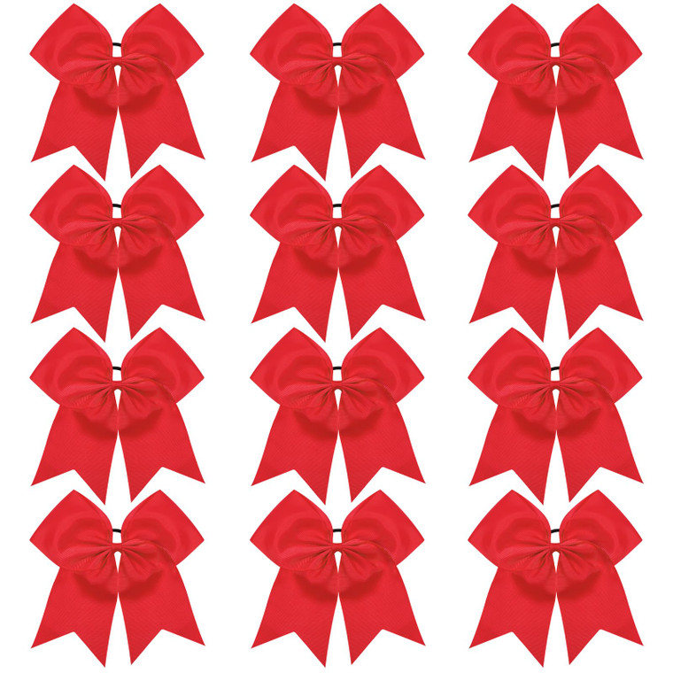 TUUXI 12pcs Large Cheering Bows 8 Inch Red Cheerleading Bows with Elastics Hair Ties Bands Ponytail Holder for Cheerleader Softball Football Competit
