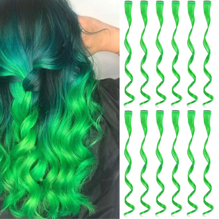 REDMENCO Green Colored Clip in Hair Extensions 12 Pieces Streak for Women Kids Girls, 16 Inch Wavy Curly, Party Highlights