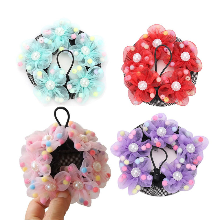 QUUPY Dance Hair Net, 4PCS Bright Color Girls Ballet Bun Covers Mesh String Bobbles Elastic Band Hair Nets Accessories for Dancers Skating Gymnastics