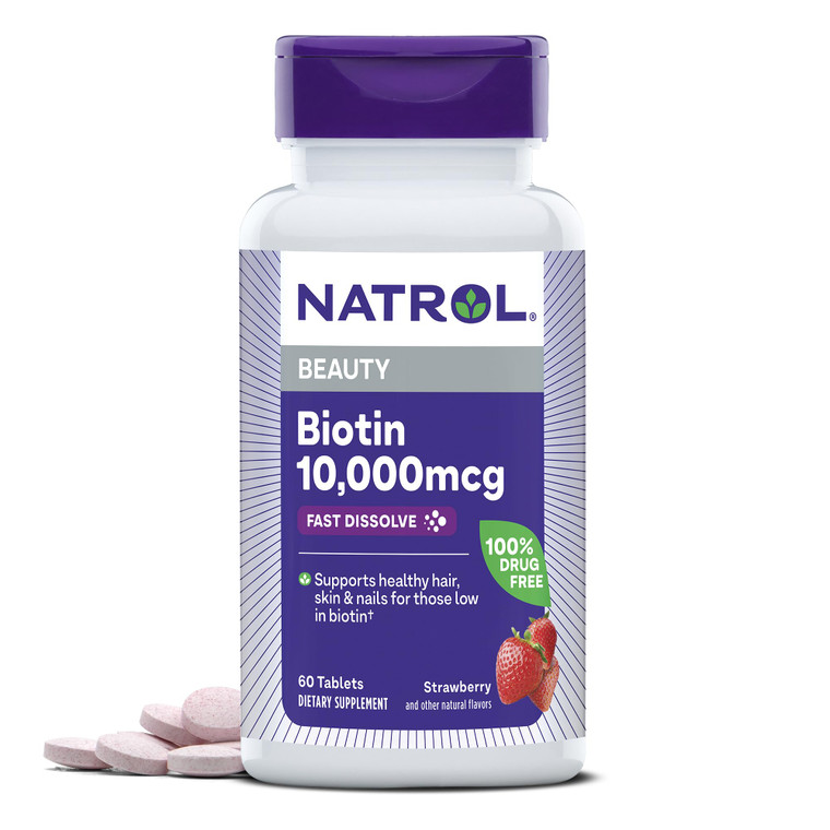 Natrol Biotin 10000mcg, 4X Faster Dissolve Supplement for Healthy Hair, Skin and Nails for Those Low in Biotin, Plus Energy Metabolism Support, 60 Ta