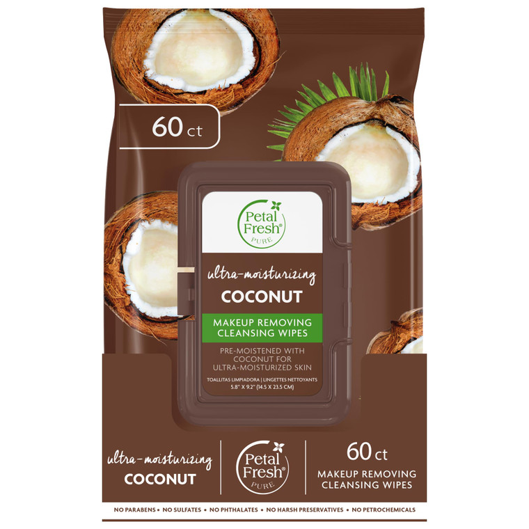 Petal Fresh Ultra- Moisturizing Coconut Makeup Removing, Cleansing Towelettes, Gentle Face Wipes, Daily Cleansing, Vegan and Cruelty Free, 60 count
