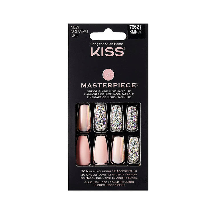 KISS Masterpiece One-Of-A-Kind Luxe Manicure, Premium Acrylic Fake Nails with Pink Gel Nail Glue, Manicure Stick, Mini Nail File, & 30 Glue On Nails