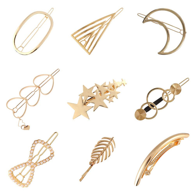 Lawie 9 Pack Trendy Gold Vintage Retro Geometric Minimalist Metal Hair Clip Snap Barrette Claw Crab Clamp Bobby Pins Alligator Pearl Hairclip Wedding