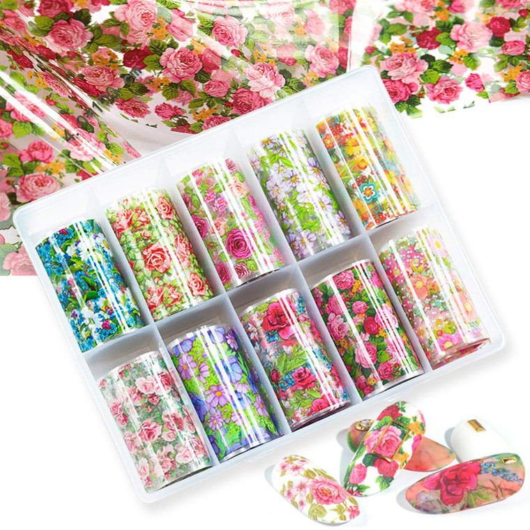 SILPECWEE 10 Rolls Foil Nail Art Stickers Tips Colorful Flower Starry Sky Film Wraps Nail Transfer Decals Manicure Accessories (1.57inches×39.4inches