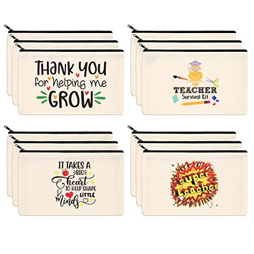 PARBEE Teacher Gift Makeup Bag, 12PCS Canvas Cosmetic Pouch Zippered Toiletry Bags Case, Appreciation Gifts for Teachers