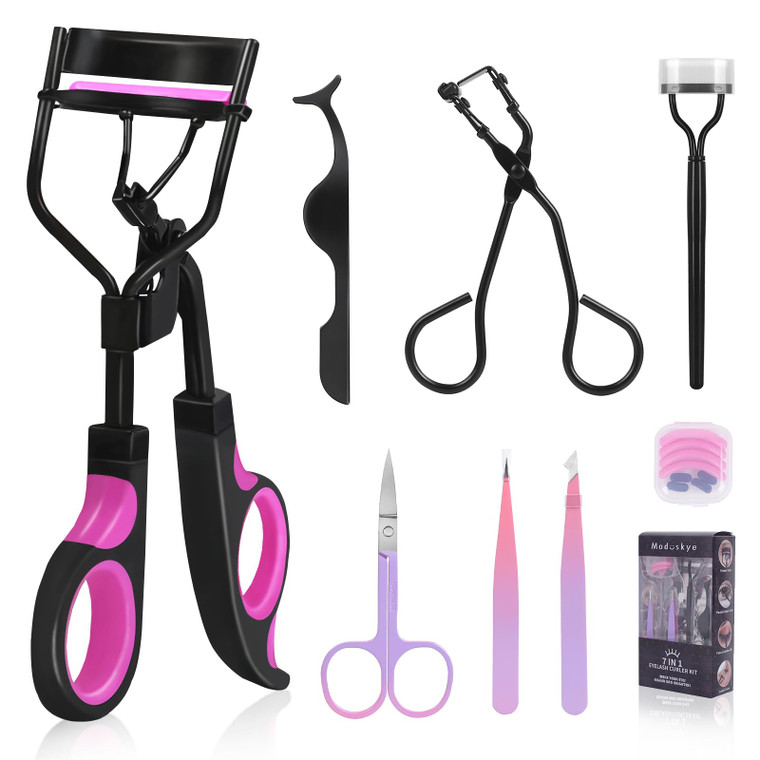 Eyelash Curlers, MODUSKEY 7 in 1 Lashes Curler Eyebrow Makeup Tools for Women Comprise with Curler Silicone Pads, Eyes Tweezers, Eyelash Comb, Eyebro