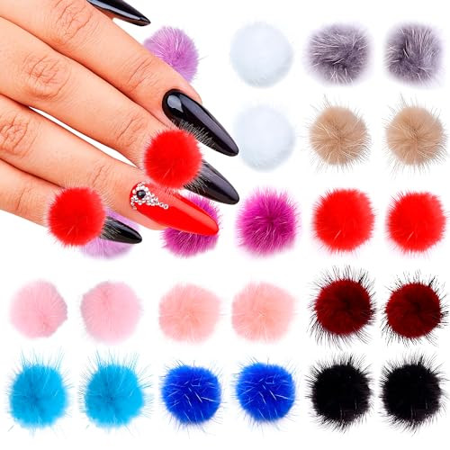 24 Pcs Nail Art Pom Poms - Nail Fluff Magnetic Charms with Detachable Design, Soft Plush Texture for Stable Wear - Multicolor Set for Mix & Match Sty