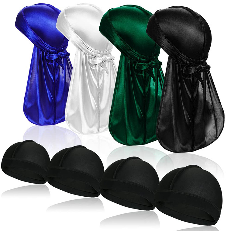 4 Pcs Silky Men Durag Headwraps with Long Tail and 4 Pcs Silk Wave Cap Perfect for 360 Waves Multicolor