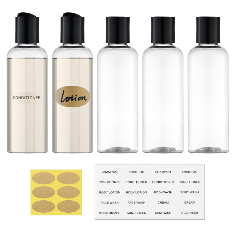 owlyee Travel Bottles for Toiletries 3.4 oz TSA Approved - 5 Pack Leak Proof Travel Size Containers, Clear Squeezable Plastic Bottles with Labels for