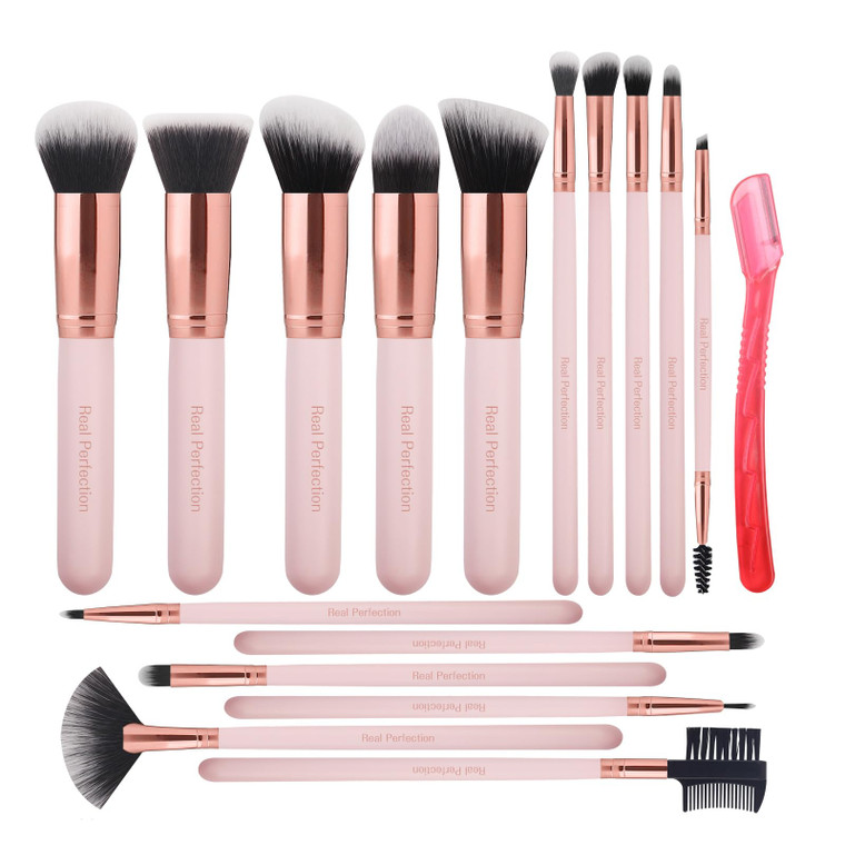 Real Perfection Makeup Brush Set 16 Pcs with 1 Eyebrow Razor Premium Synthetic Foundation Powder Concealers Eyeshadow Blush Makeup Brushes Make up Br
