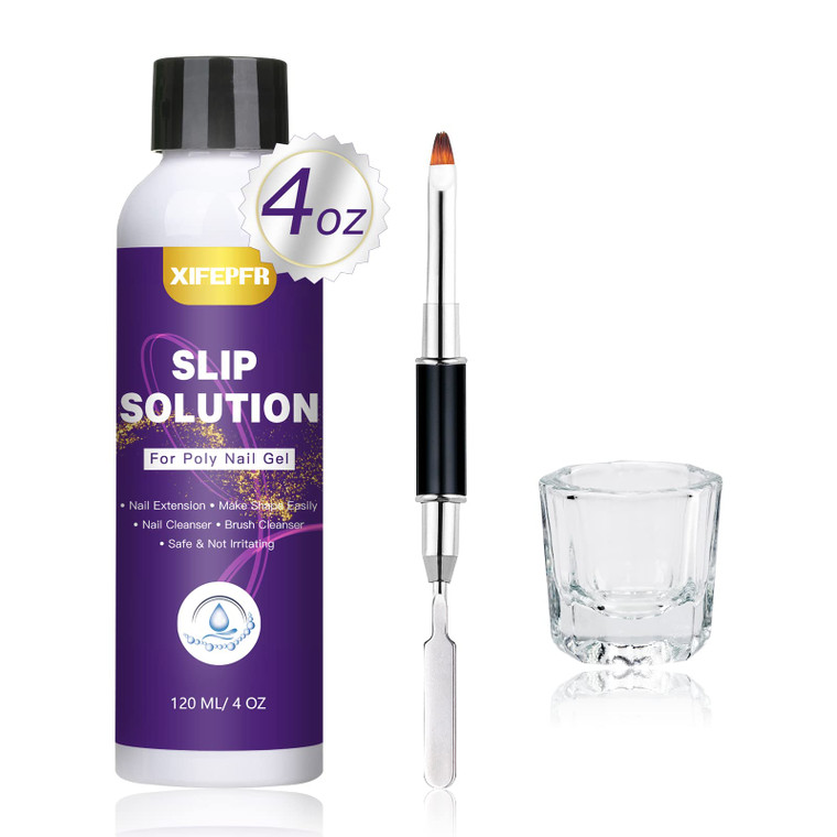 XIFEPFR Poly Gel Slip Solution, 120ml Slip Solution for Polygel Nails Anti-stick Poly Extension Gel Liquid Slip Solution Set with Dual-Ended Brush&Gl