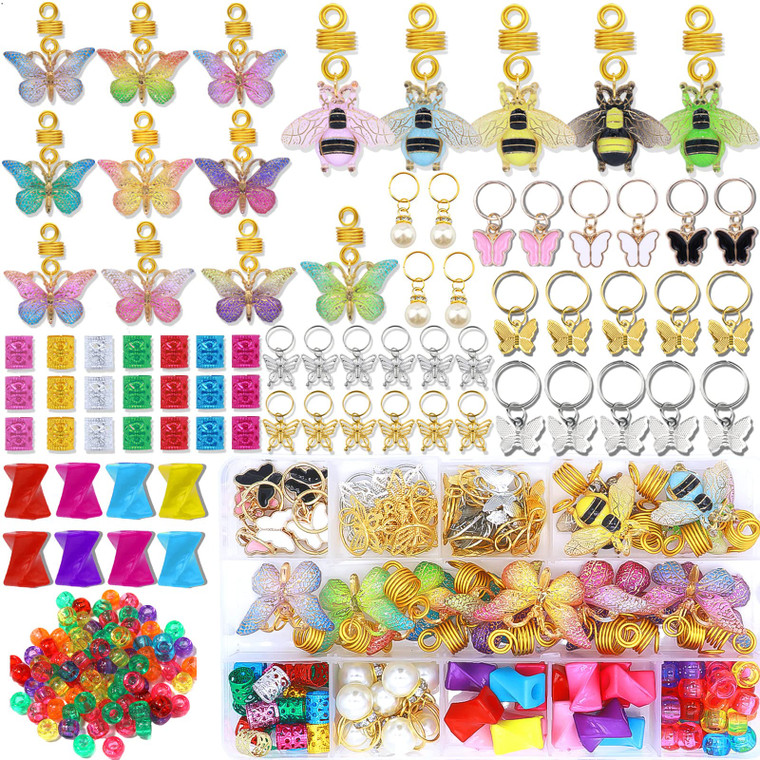 NAISKA 125PCS Colorful Butterfly Loc Dreadlock Accessories Jewelry Handemade Butterflies Bee Pearls Charms Hair Jewelry for Women Braids Acrylic Hair