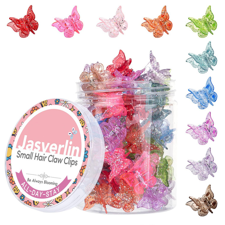 JASVERLIN Glitter Mini Butterfly Hair Claw Clips, Sparkly Colorful Hair Accessories for Girls and Women - 90s Y2K Cute, Small, Tiny Clip in 10 Assort