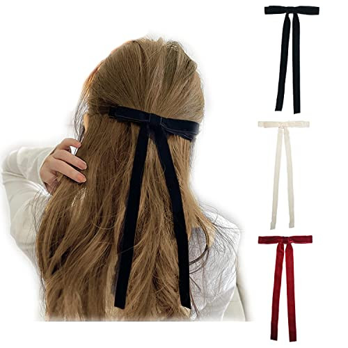 Bows Velvet Ribbon Hair Clips and Barrettes Set - Long French Bowknot Clips, Ponytail Slides, Head Accessories for Women, Girls (3pcs)