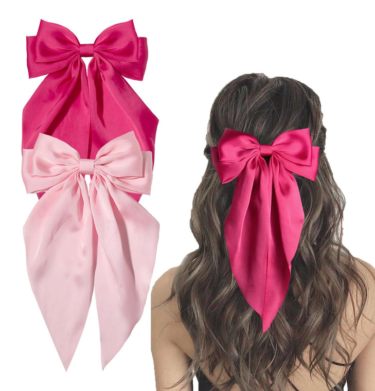 Furling Pompoms Hair Bows Clip, Hot Pink Bow for Women's Hair - 2 Pack, Elegant Satin Bow Hair Accessories for Birthday, Wedding, Holidays