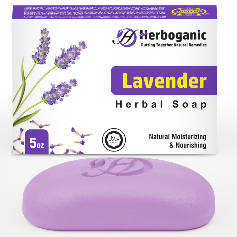 HERBOGANIC Lavender Natural Soap Bar - Gentle Cleansing for Face & Body - Infused with Soothing Lavender - For Men & Women - 5 Oz Pack of 1