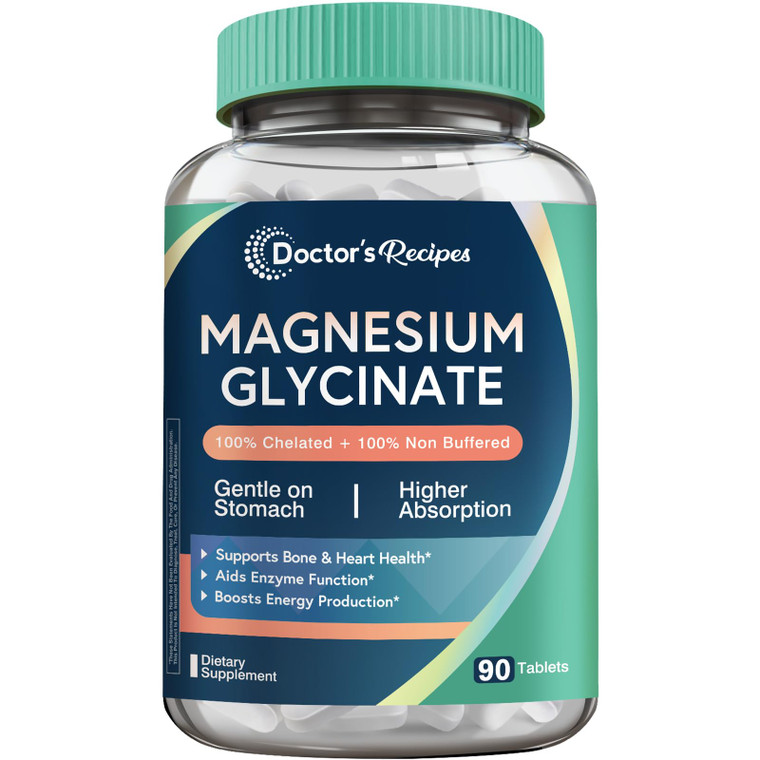 Doctor's Recipes Magnesium Glycinate, Chelated Magnesium with High Absorption & Non-Buffered, Easy on Stomach, No Gluten, Bone, Nerve & Energy Suppor