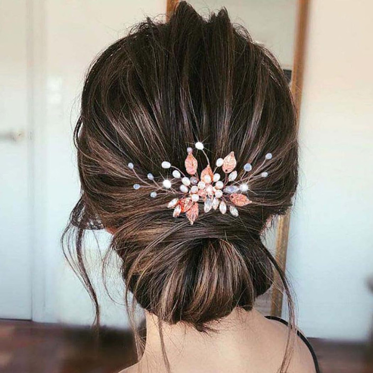 YBSHIN Rose Gold Bridal Hair Comb with Pearls & Rhinestones, Wedding Leaf Hair Accessories for Women