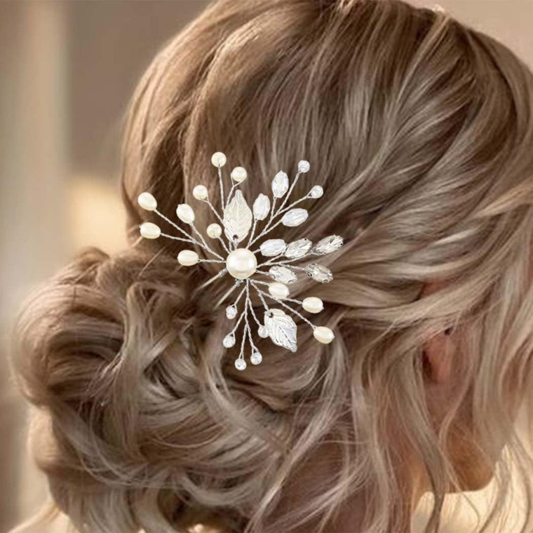 JONKY Pearl Bride Wedding Hair Pins Silver Crystal Hair Pieces Bridal Rhinestone Hair Accessories for Women(Pack of 2)