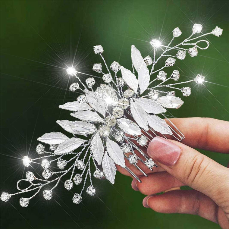 Latious Silver Bride Wedding Hair Comb Leaf Bridal Hair Piece Rhinestone Hair Accessories for Women and Girls (Silver)