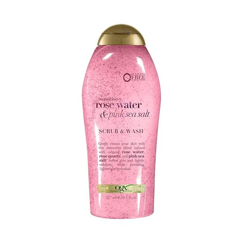 OGX Sensitive + Rose Water & Pink Sea Salt Exfoliating Body Scrub + Rose Quartz, Gentle Exfoliating Daily Body Wash Softens Skin, Body Scrub for Wome