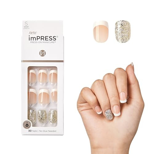 KISS imPRESS Press-On Manicure, Nail Kit, PureFit Technology, Short Press-On Nails, 'Time Slip', Includes Prep Pad, Mini Nail File, Cuticle Stick, an