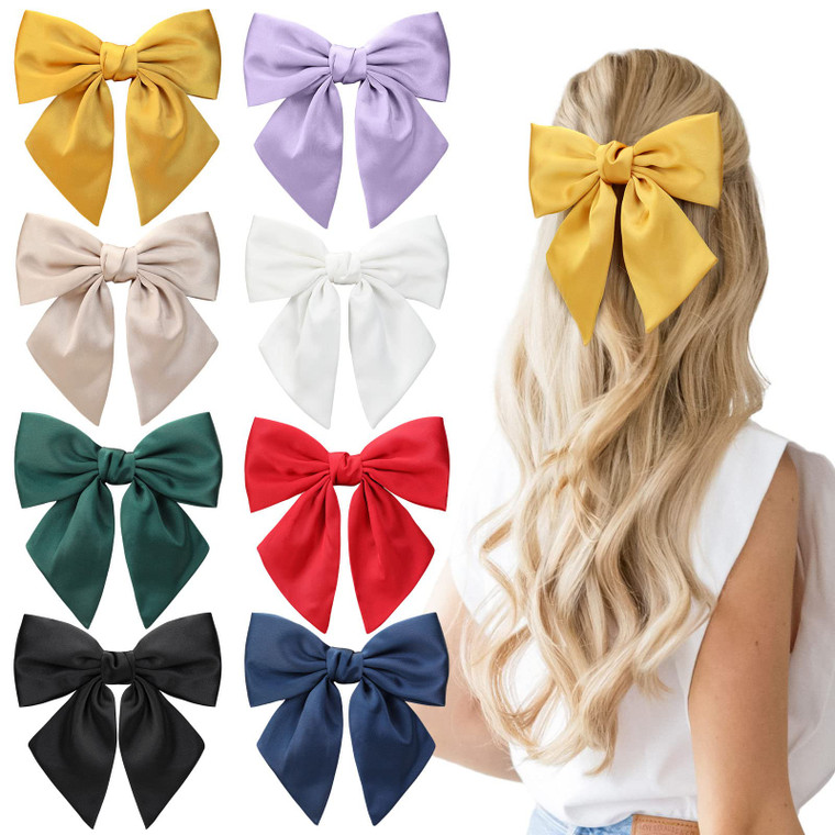 8PCS Big Satin Layered Hair Bows for Women Girls 6.5 Inch Black White Barrette Hair Clip Large Silk Ribbon Bows French Style Hair Accessories